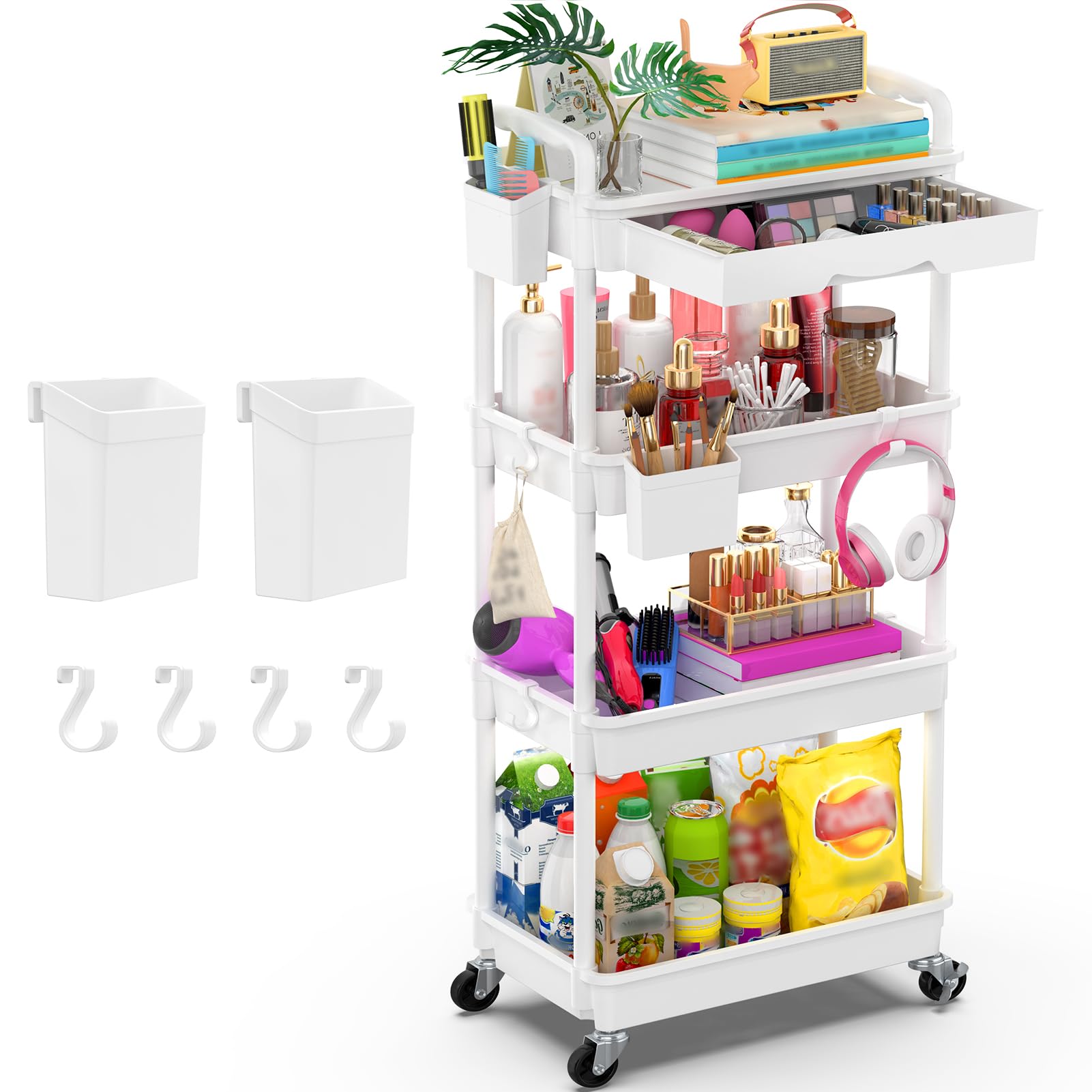 Goovilla 4 Tier Rolling Utility Cart Organizer with Removable Drawer, White