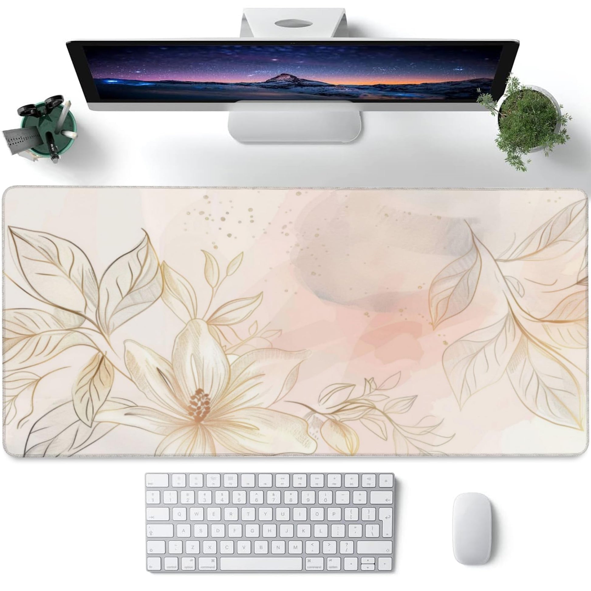 Desk Mat,Minimalist Flowers and Leaves Large Gaming Mouse Pad for Desk XXL,Golden Line Floral Desk