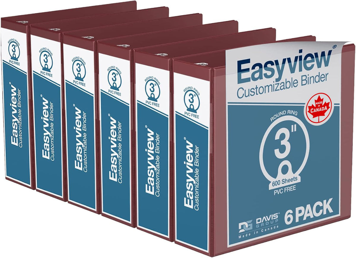 Easyview 3-Ring Binder, Clear-View Cover, 3" Round Rings, Burgundy, 6 Pack
