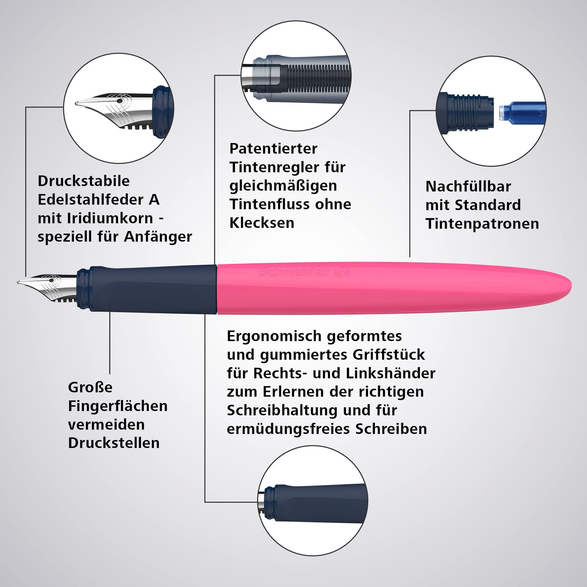 Schneider 162119 Wavy Fountain Pen for Right and Left-Handed Users with Beginner Nib Pink