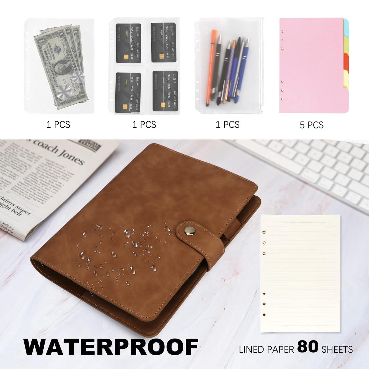 FYY A5 Binder Refillable Planner Notebook 6 Ring, Brown