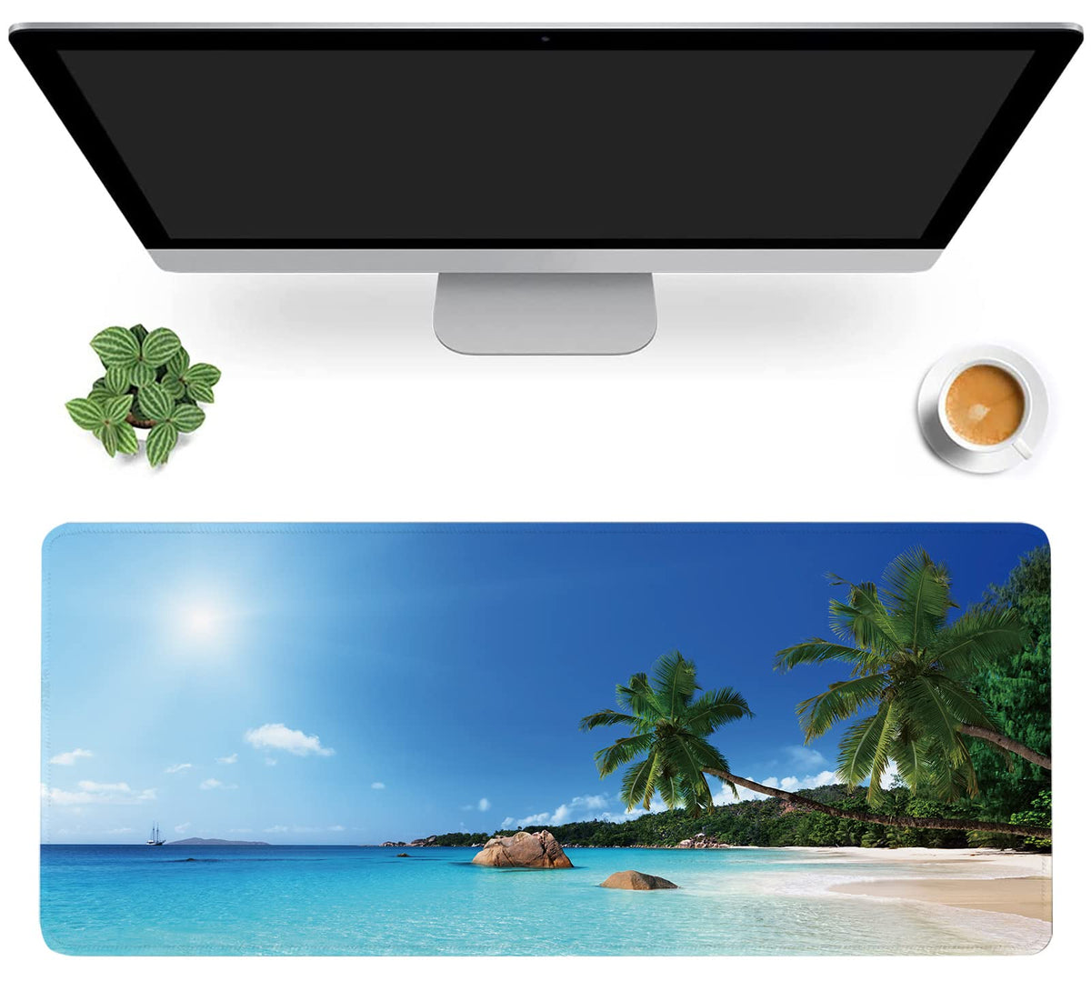 Ocean Desk Mat,ANSE Lazio Beach at Praslin Island Extended Gaming Mouse Pad,Large Non-Slip Rubber