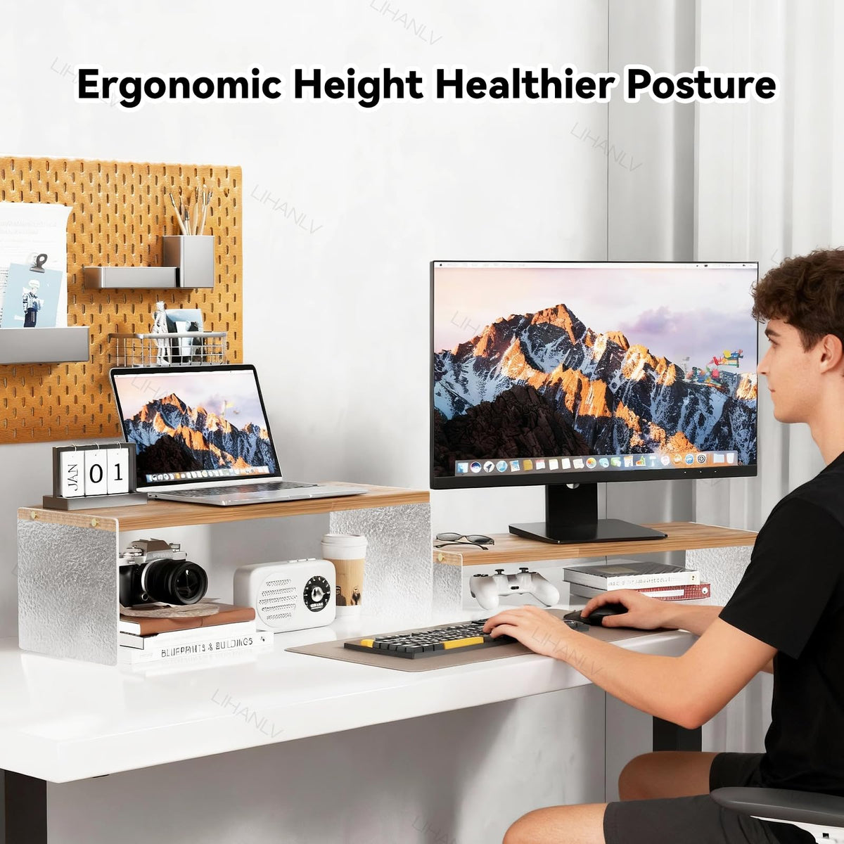 YGYQZ Adjustable Monitor Stand Riser, 7.67"×19.3" Dual Monitor Desk Stand