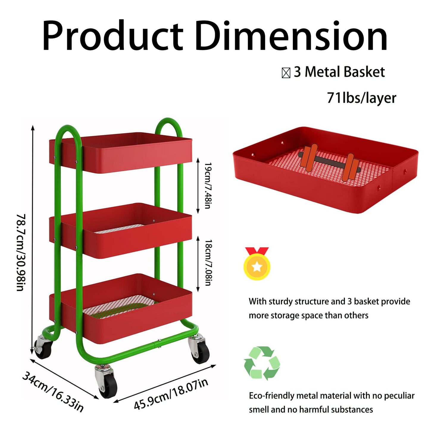 Elitehouse Metal Rolling Cart,3-Tier Metal Rolling Cart with Wheels,3 Tier Utility Cart with Wheels