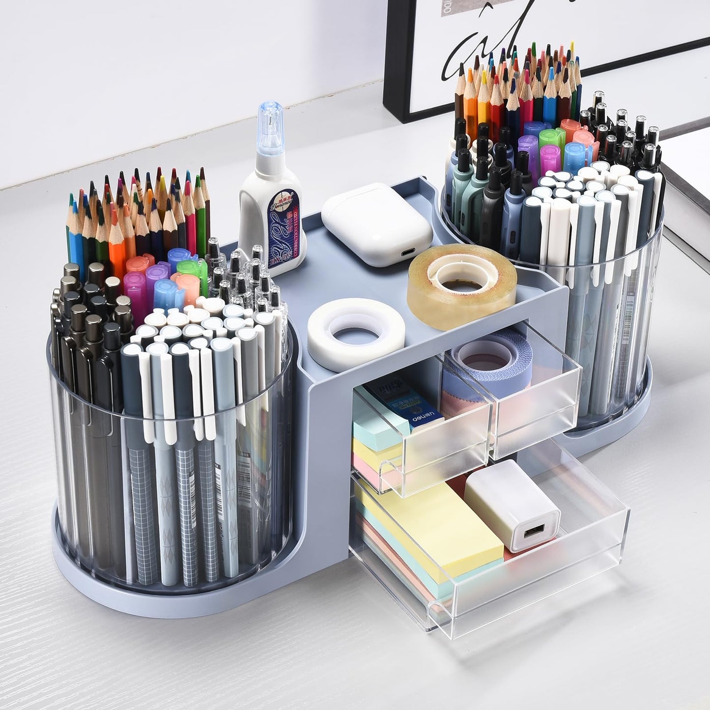 KLIONGO Rotating Desk Organizer with 2 Pen Holder, Desk Organizers and Accessories with 10 Slots