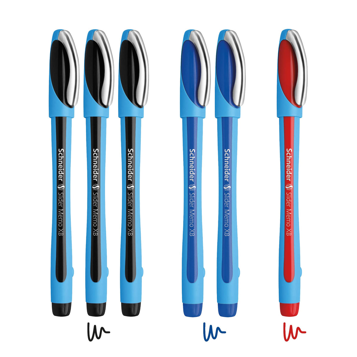 Schneider Slider Memo XB Ballpoint Pens, Bold, 6 Pens, 3 Black 2 Blue 1 Red