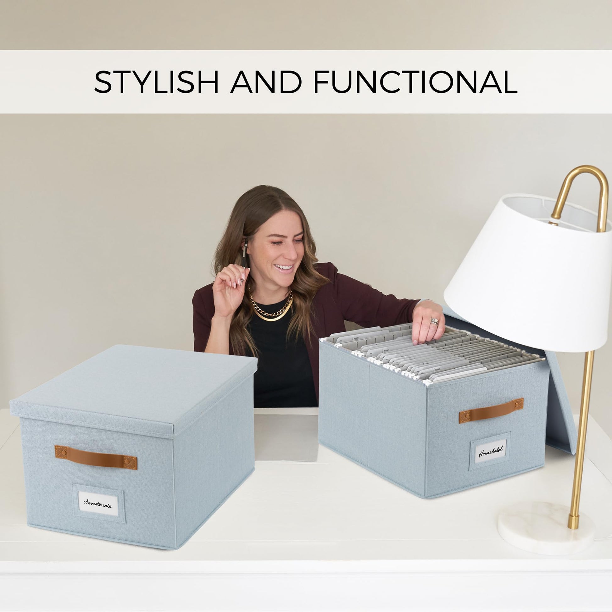 Decorative File Organizer Box Set of 2 - Collapsible Linen Filing Cabinets