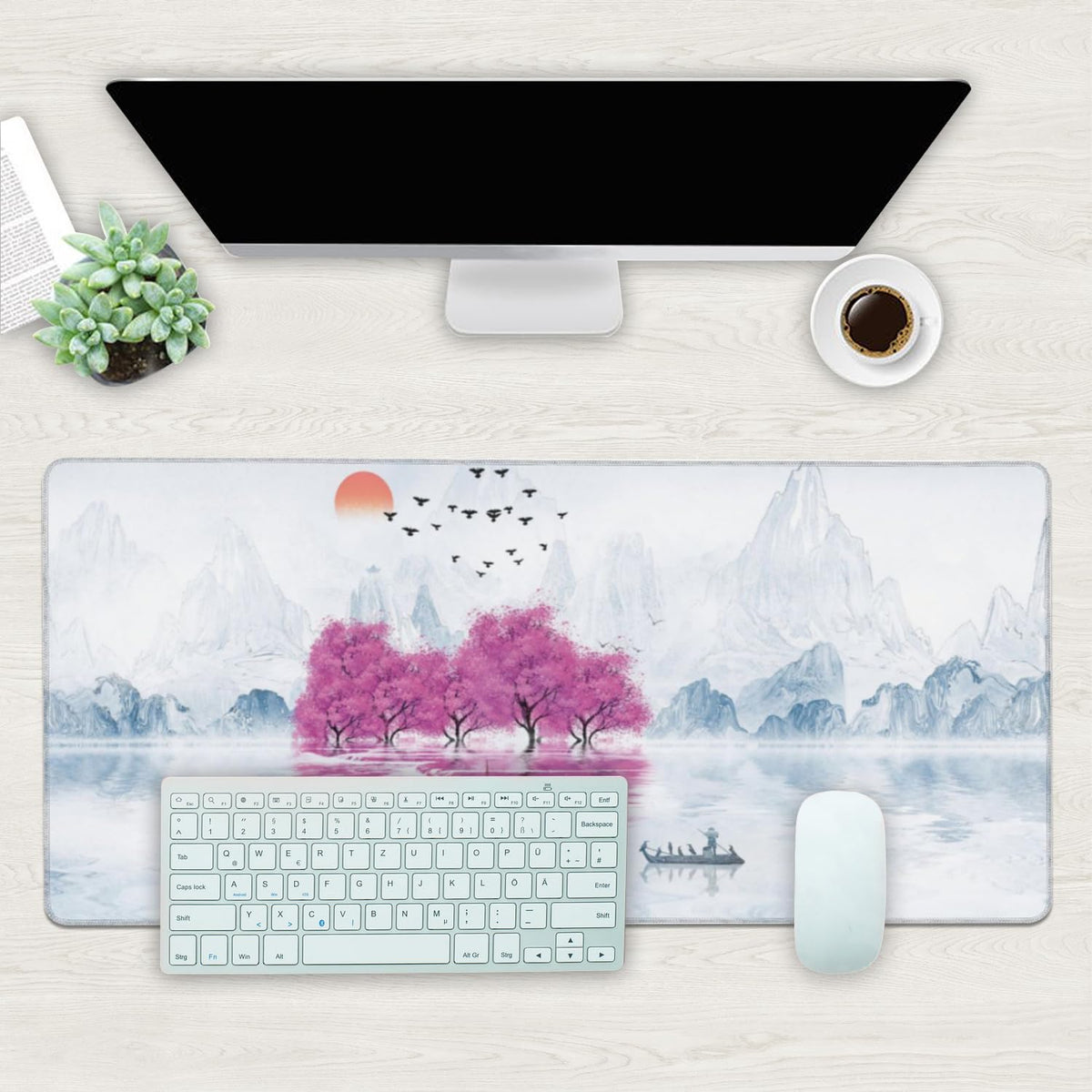 Desk Mat, Cherry Blossom Tree Oil Ink Painting Extended Gaming Mouse Pad Large, 35.4"x15.7" Big