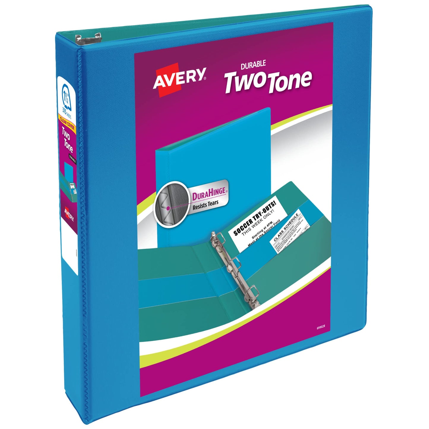 Avery Two-Tone Durable View 3 Ring Binder, 1.5 Inch Slant Rings, Pool Blue/Teal, 375 Sheet
