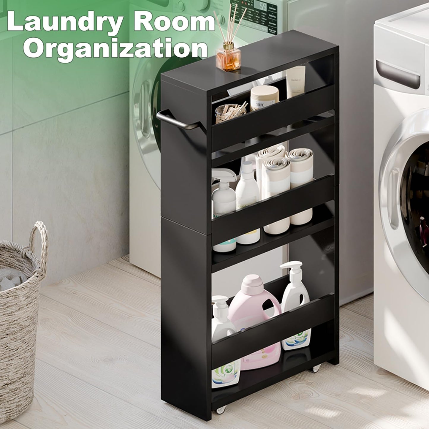 MARTY Slim Rolling Storage Cart, Wood Utility Kitchen Bathroom Laundry Cart