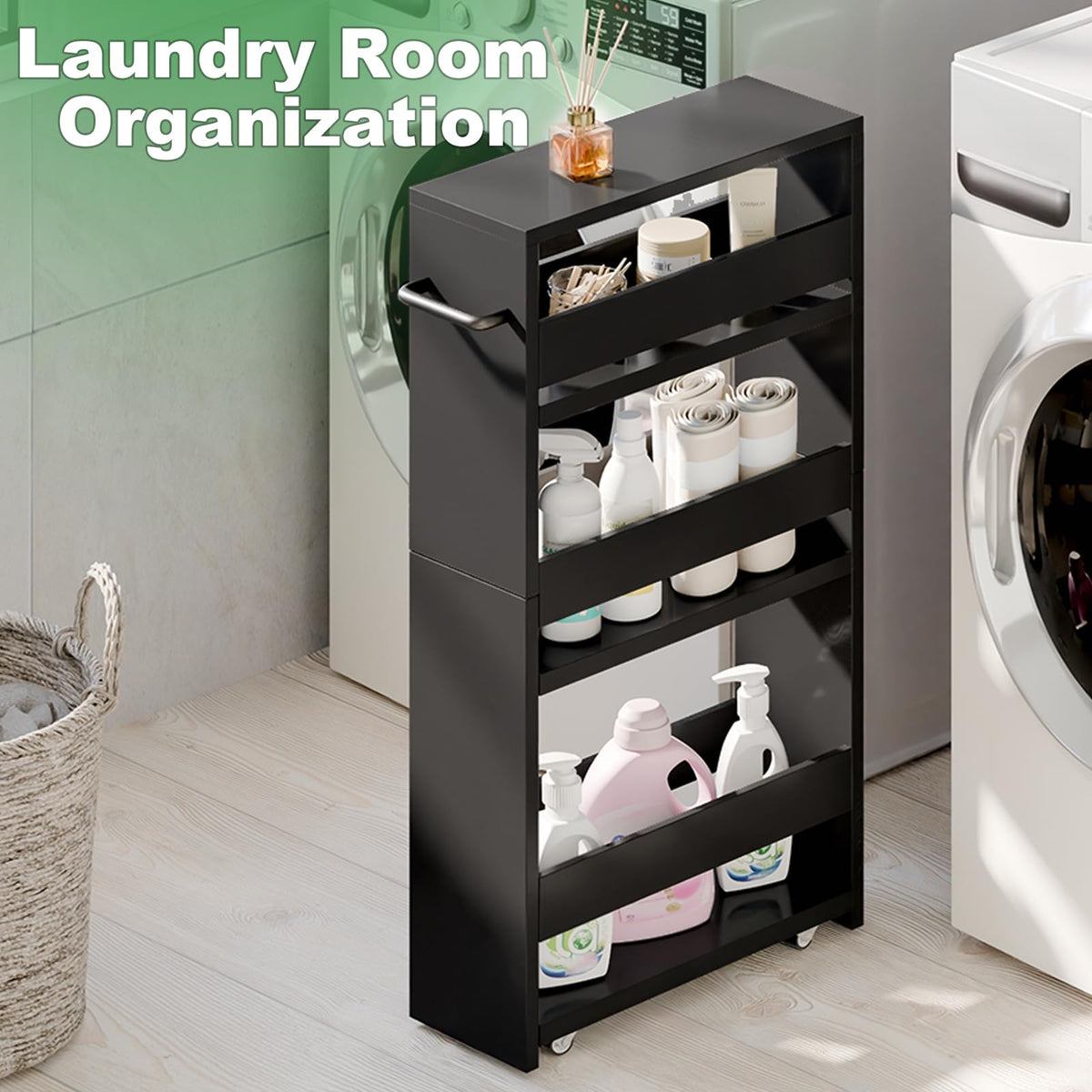 MARTY Slim Rolling Storage Cart, Wood Utility Kitchen Bathroom Laundry Cart
