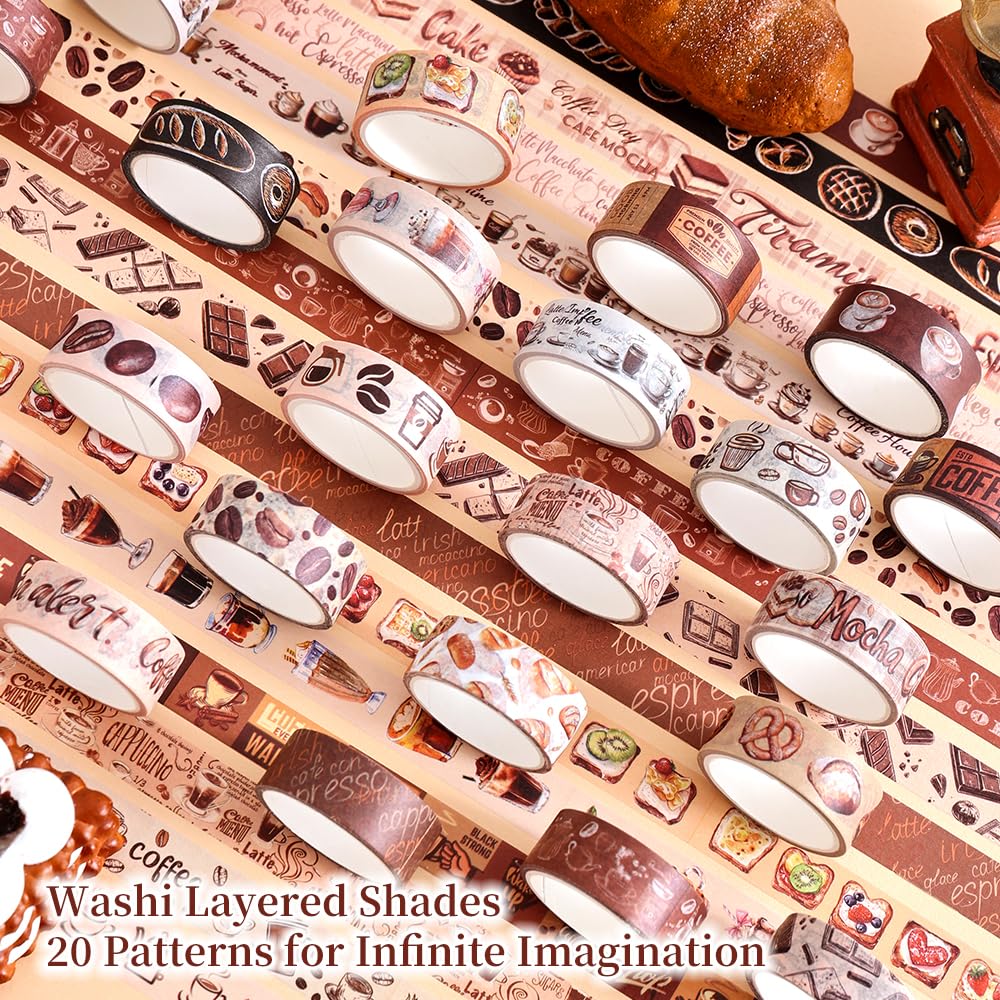 icceemee 20 Rolls Coffee Theme Washi Tape Set, Writable Decorative Tapes for Scrapbooking, Junk