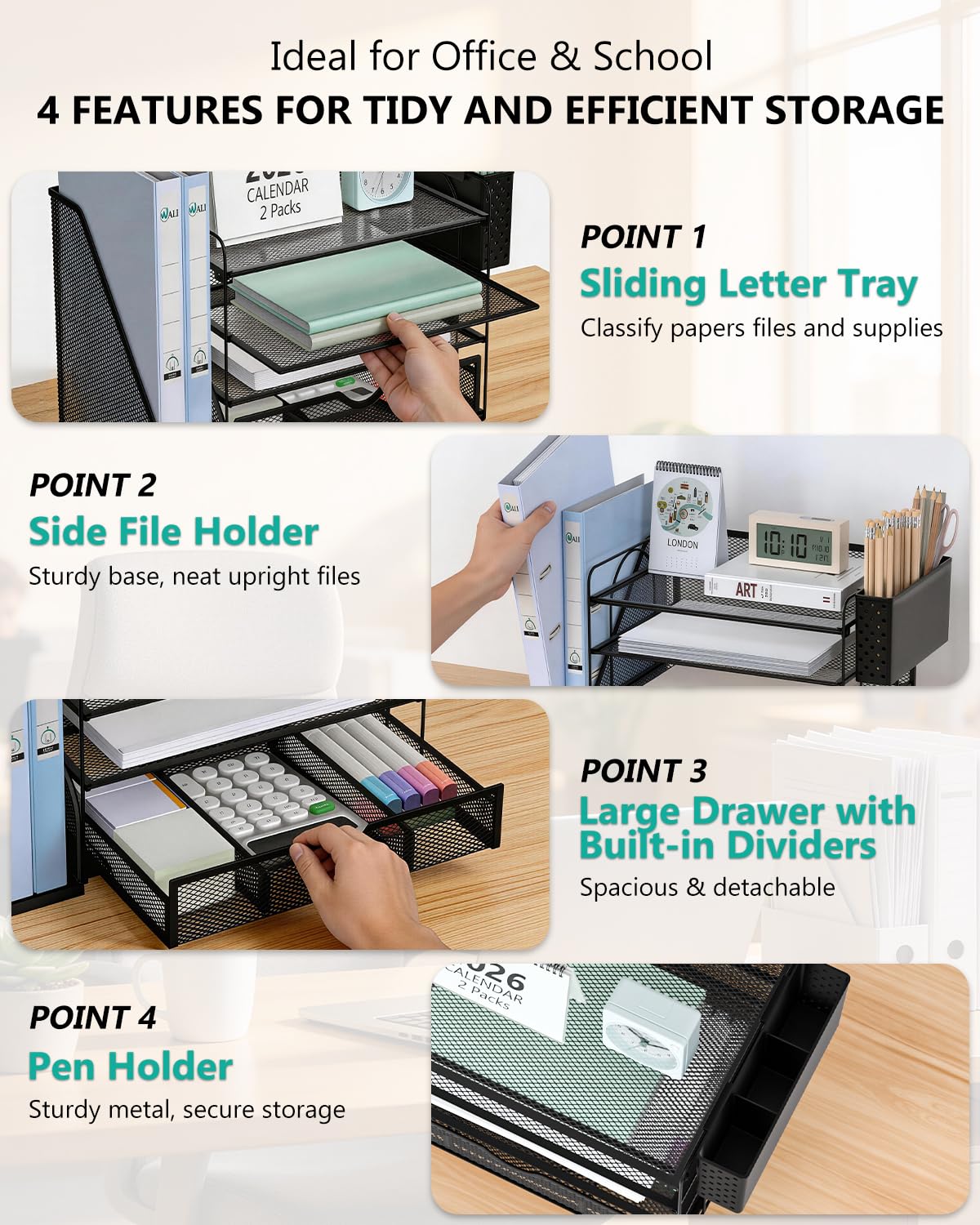 WALI Desk File Organizer, 4 Tier Desktop Paper Letter Tray Organizer with Drawer and 2 Pen Holders