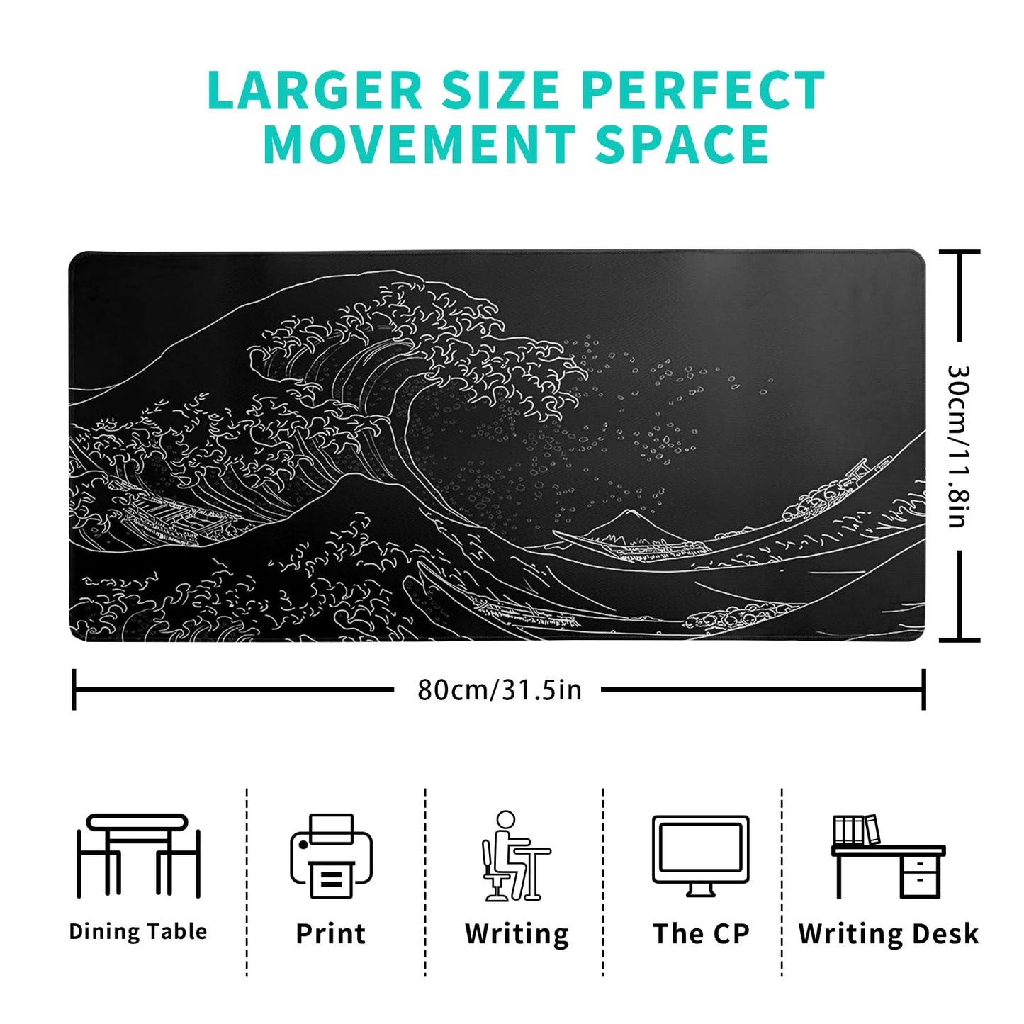 Japanese Gaming Mouse Pad Abstract Black Mouse Pad 31.5x11.8 Inch Black Sea Wave Texture Non-Slip