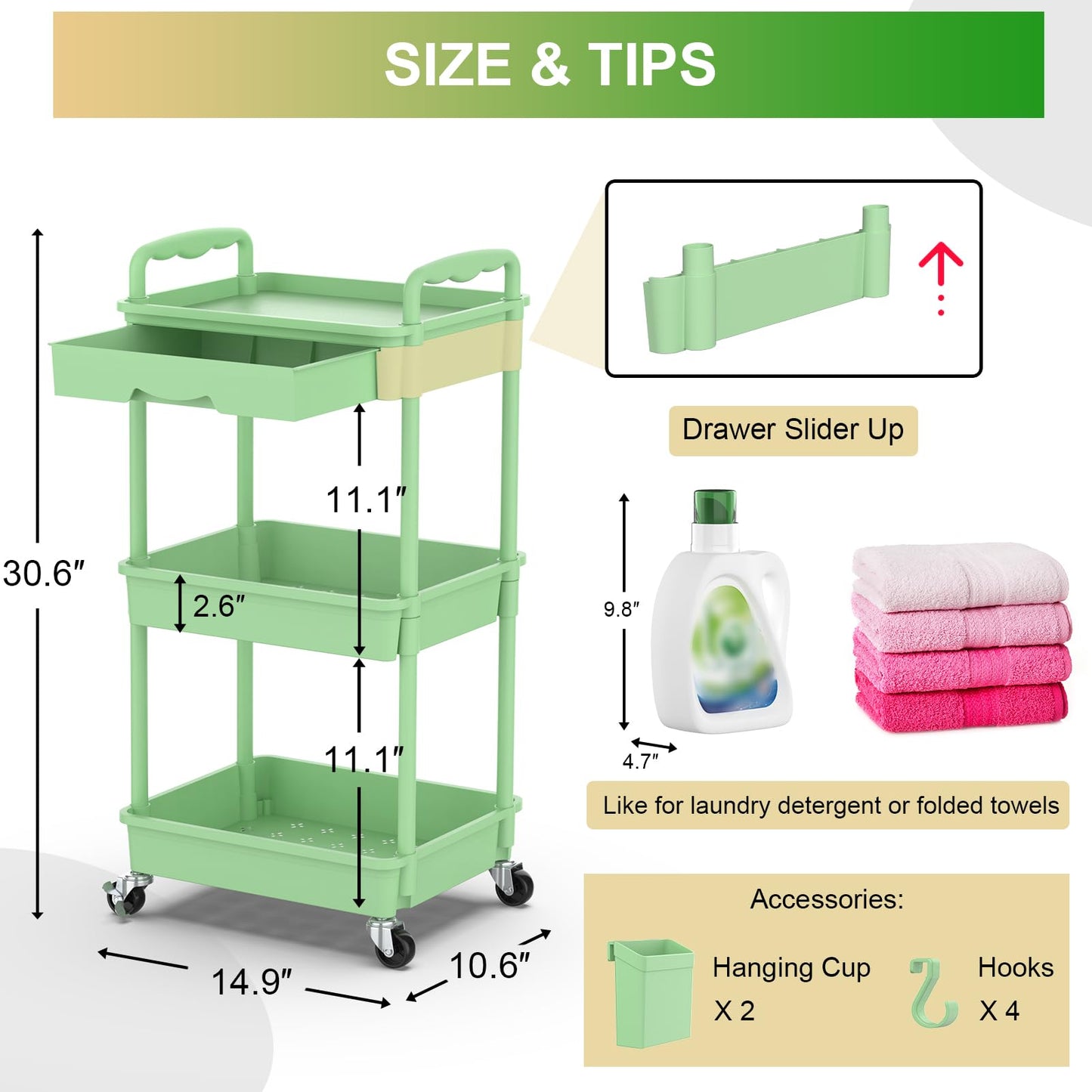 Goovilla 3 Tier Rolling Utility Cart Organizer with Removable Drawer, Green