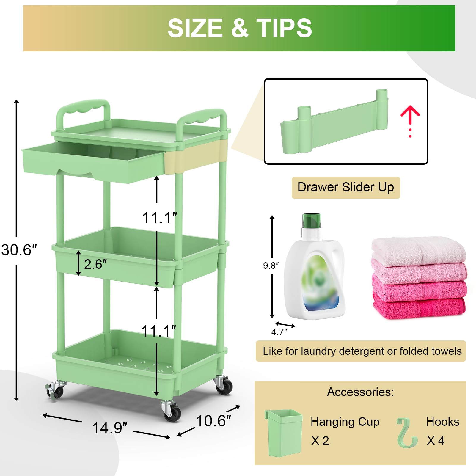 Goovilla 3 Tier Rolling Utility Cart Organizer with Removable Drawer, Green