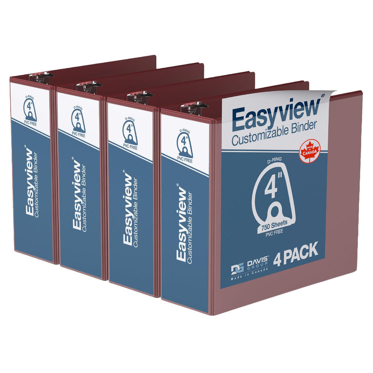 Easyview 3-Ring Binder, Clear-View Cover, 4" D Rings, Burgundy, 4 Pack