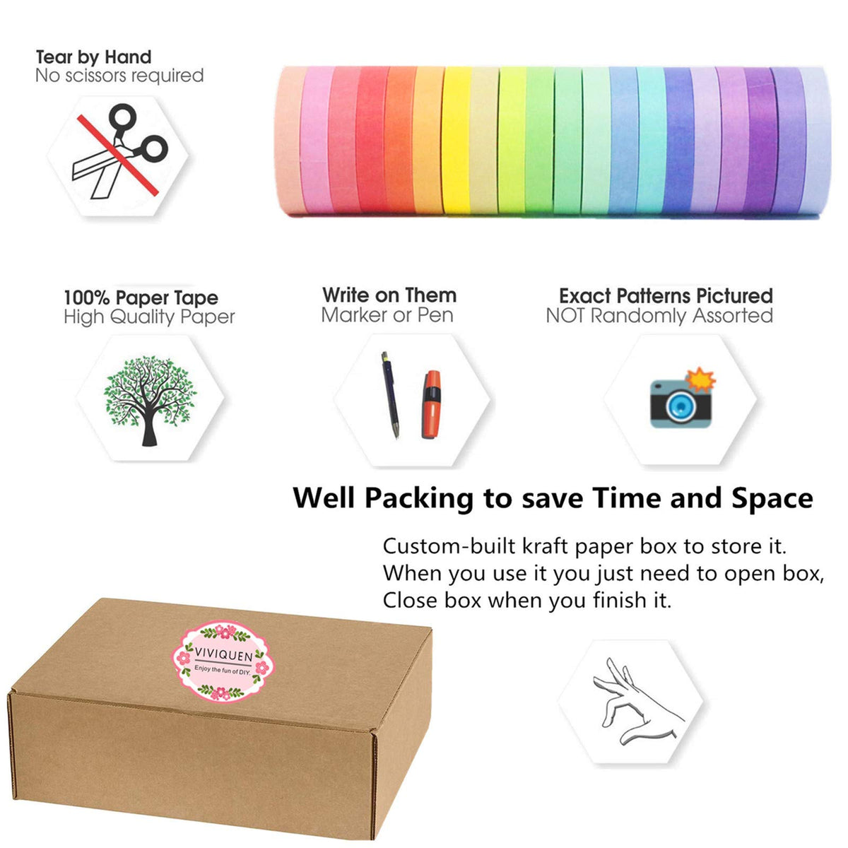 VIVIQUEN 20 Rolls Washi Tape Set Colored Masking Tape Pack Decorative Thin Tapes Children and Gifts