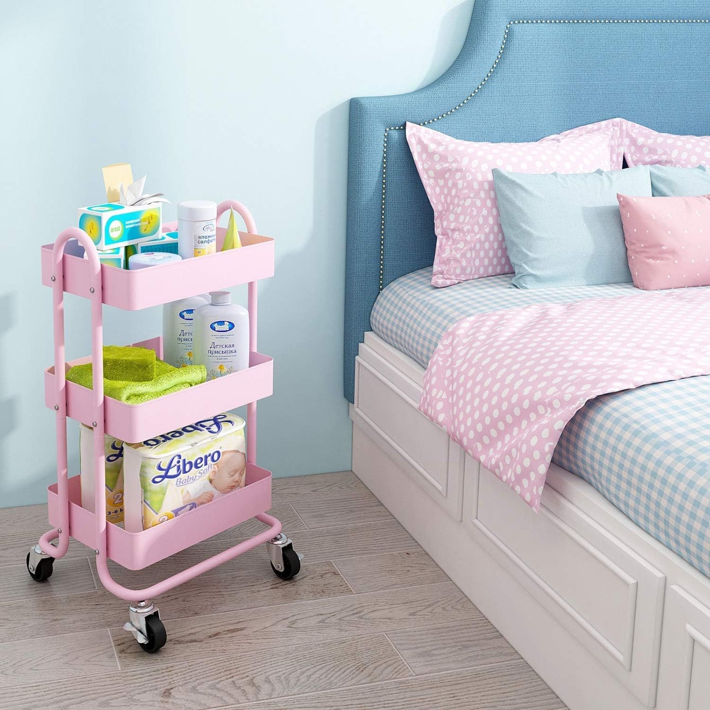 Elitehouse Metal Rolling Cart,3-Tier Pink Rolling Cart with Wheels,Metal Utility Cart with Wheels