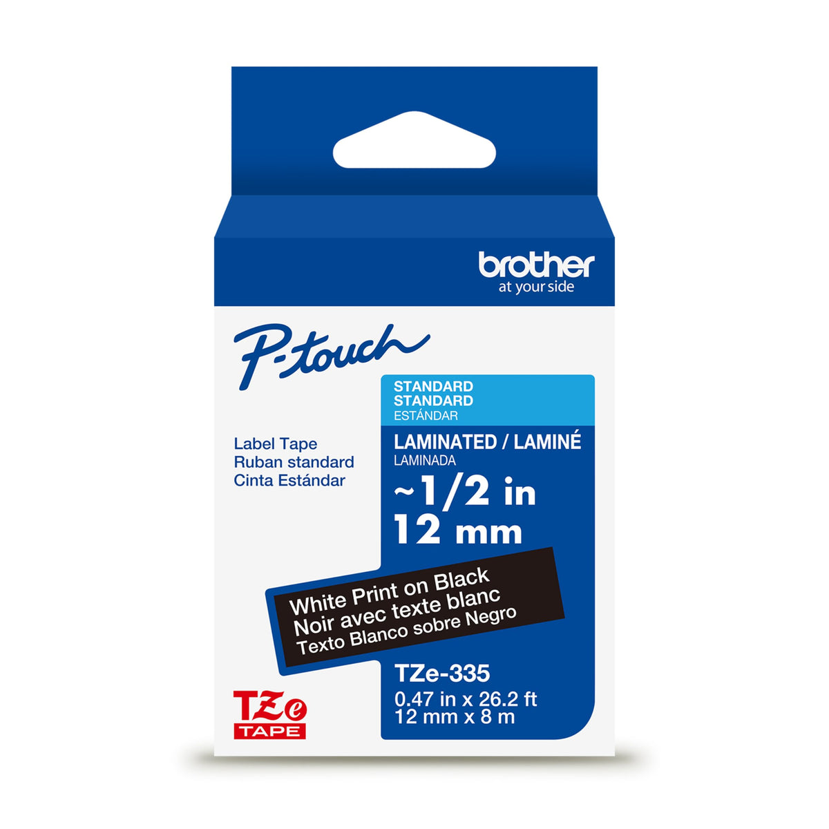 Brother Genuine P-Touch TZe White Print on Black Label Tape (TZe335), Laminated,1/2in x 26.2ft