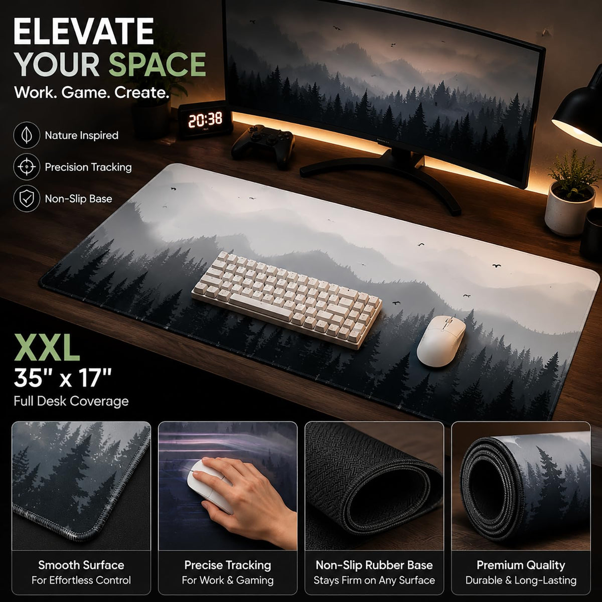 XXL Gaming Mouse Pad 35x17 Inch, Misty Forest Landscape Desk Mat Extended