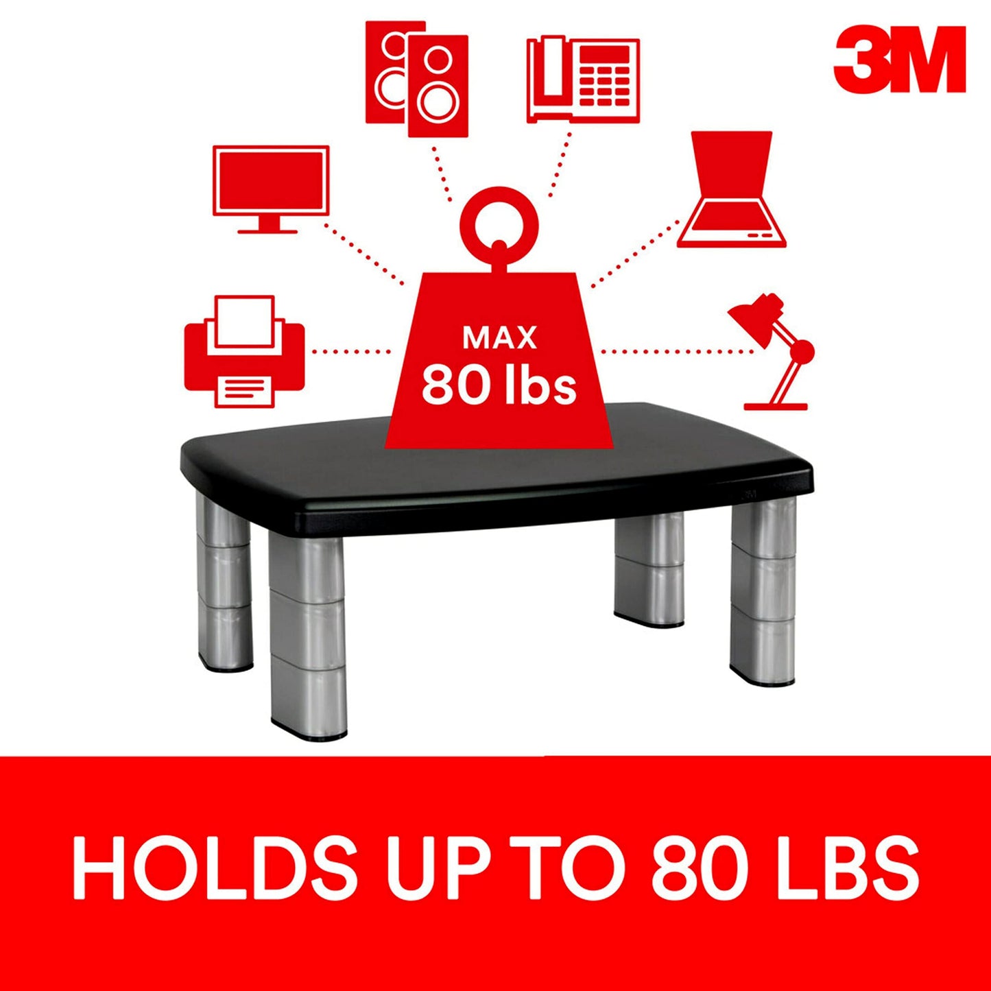 3M Adjustable Monitor Stand, Three Leg Segments, Simply Adjust Height from 1" to 5 7/8", Holds Up
