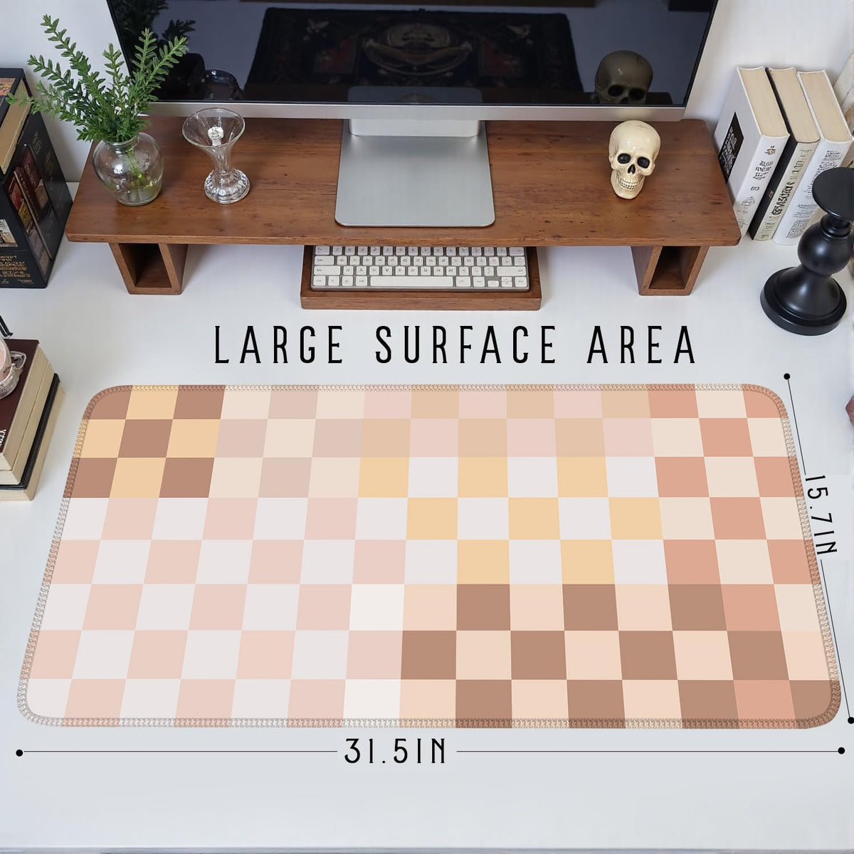 Checkered Boho Desk Mat Beige Pink Mouse Pad XXL Pastel Retro Large Mouse Pad with Stitched Edges