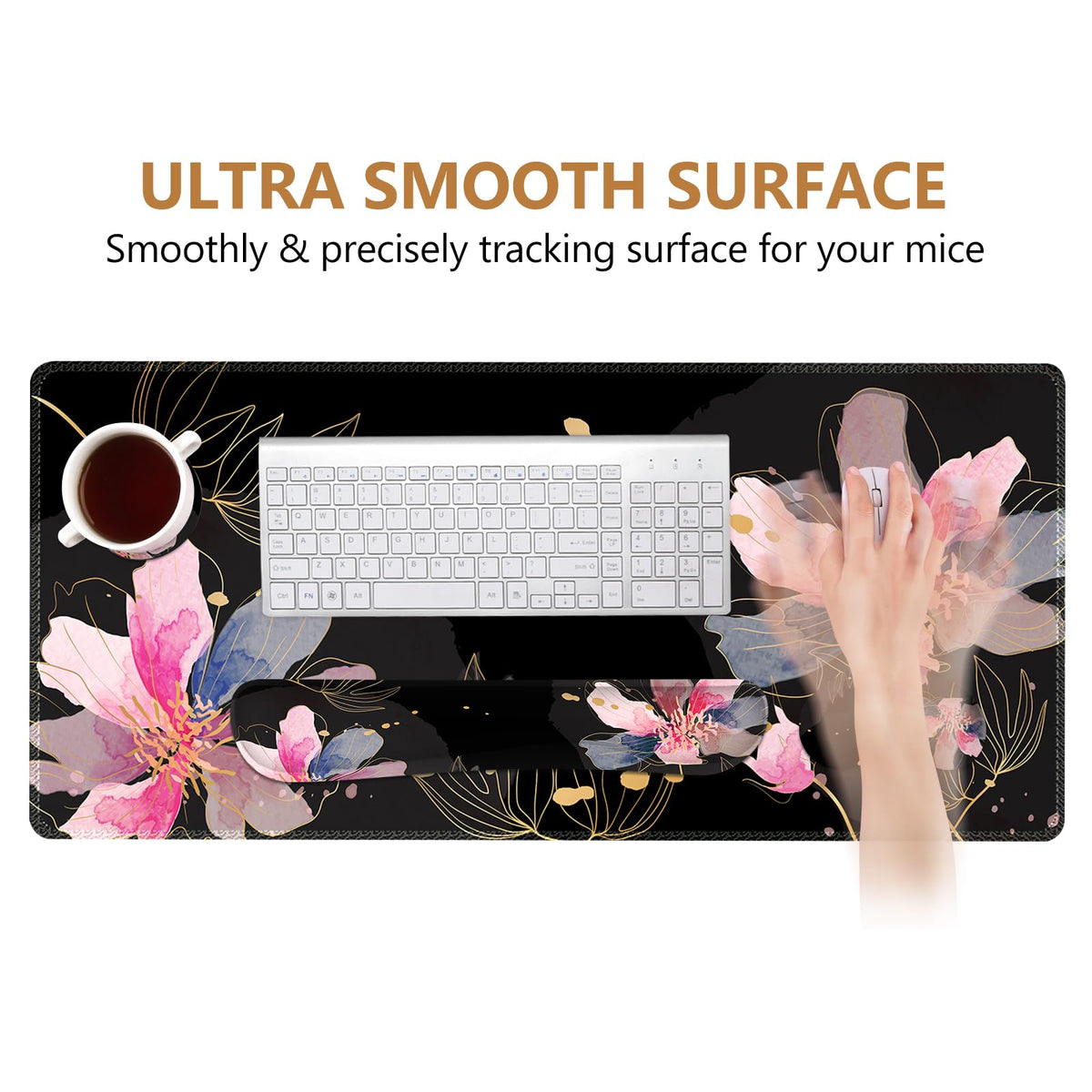 DINKY Desk Mat Black Flower, Large Gaming Mouse Pad with Wrist Rest, 4in1 XXL Mousepad+Keyboard