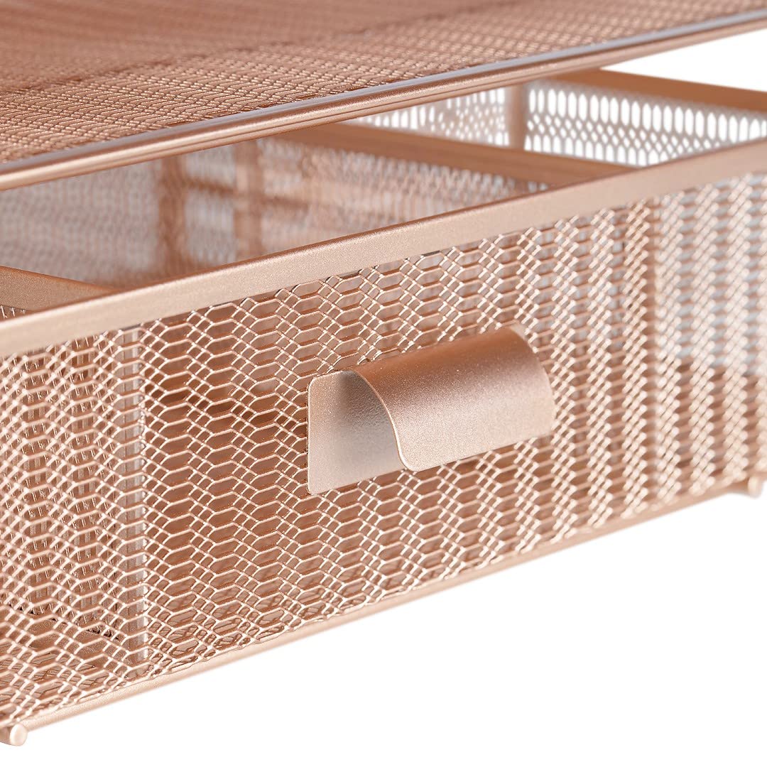 BLU MONACO Rose Gold Desk Organizer with Drawer | Metal Mesh Desktop Rack with File Sorters & Paper