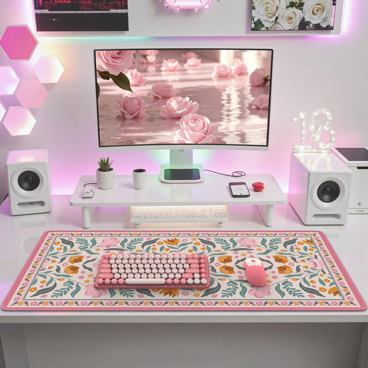 iLeadon Desk Protector Pad Mat Pink, Large Floral Mouse and Keyboard Pad