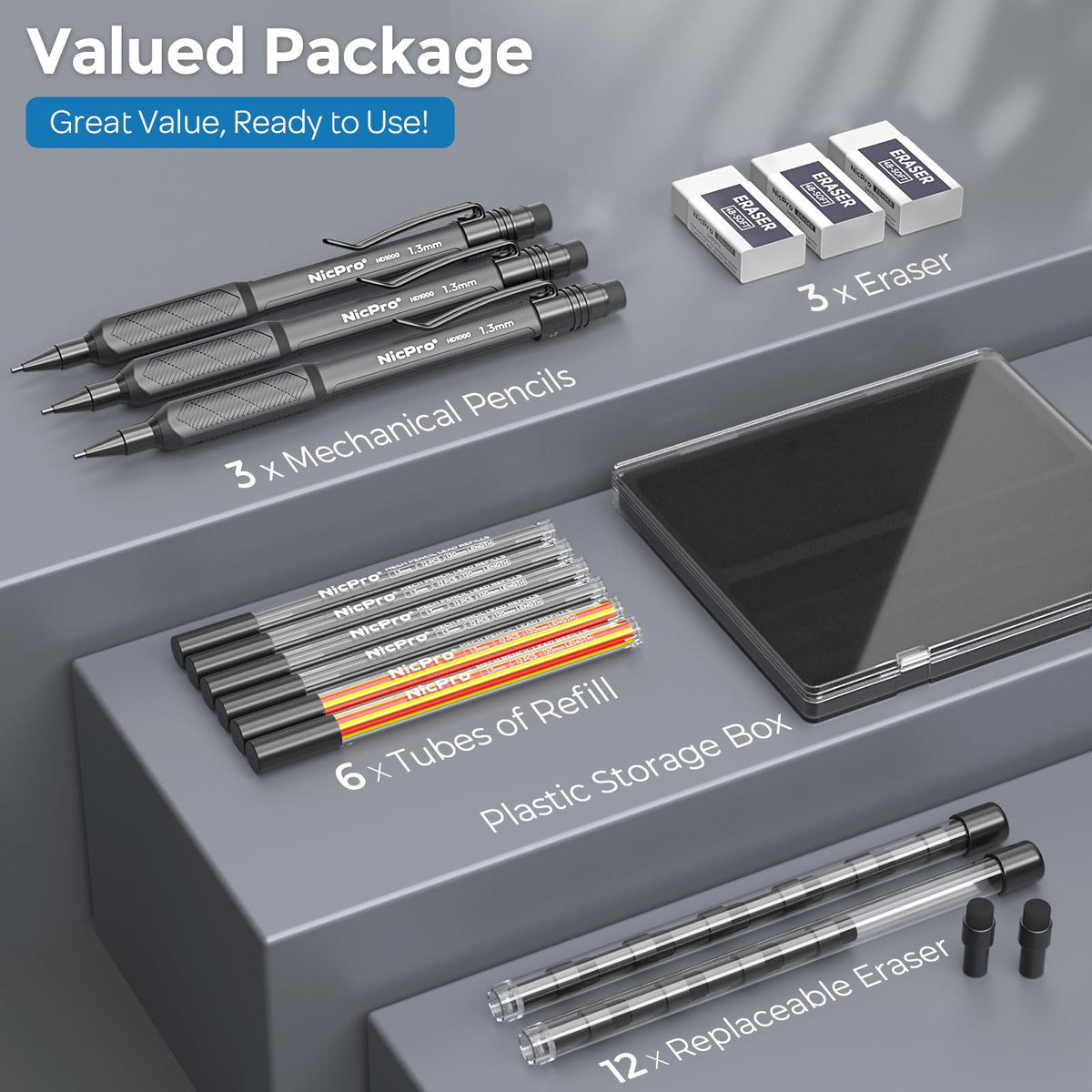 Nicpro 1.3 mm Mechanical Pencils Set, HD1000 1.3 Lead Pencil, 3 Pcs Black