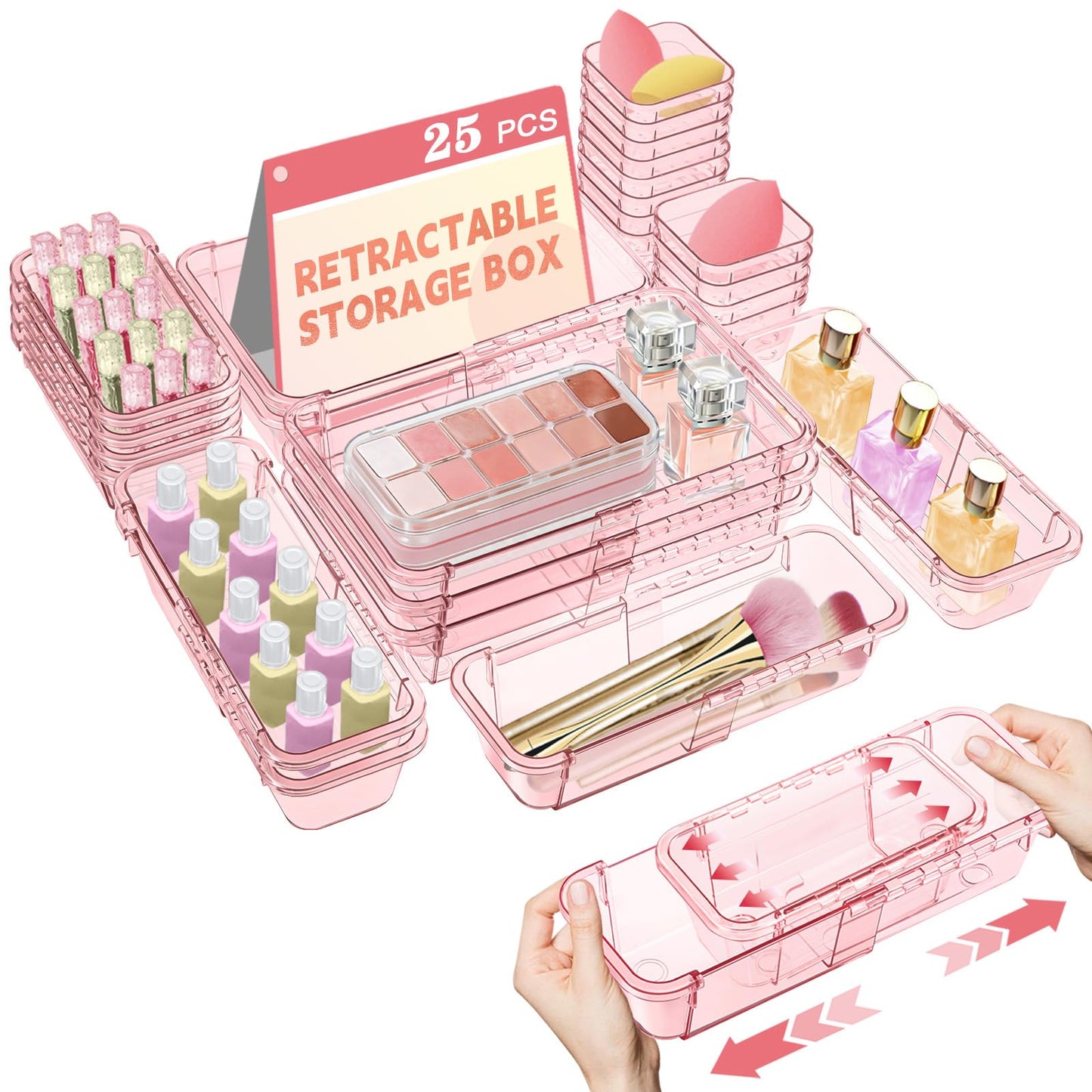 25 Pcs Clear Drawer Organizer, Adjustable Drawer Storage Box, 3-Size Desk Drawer Organizer, Acrylic