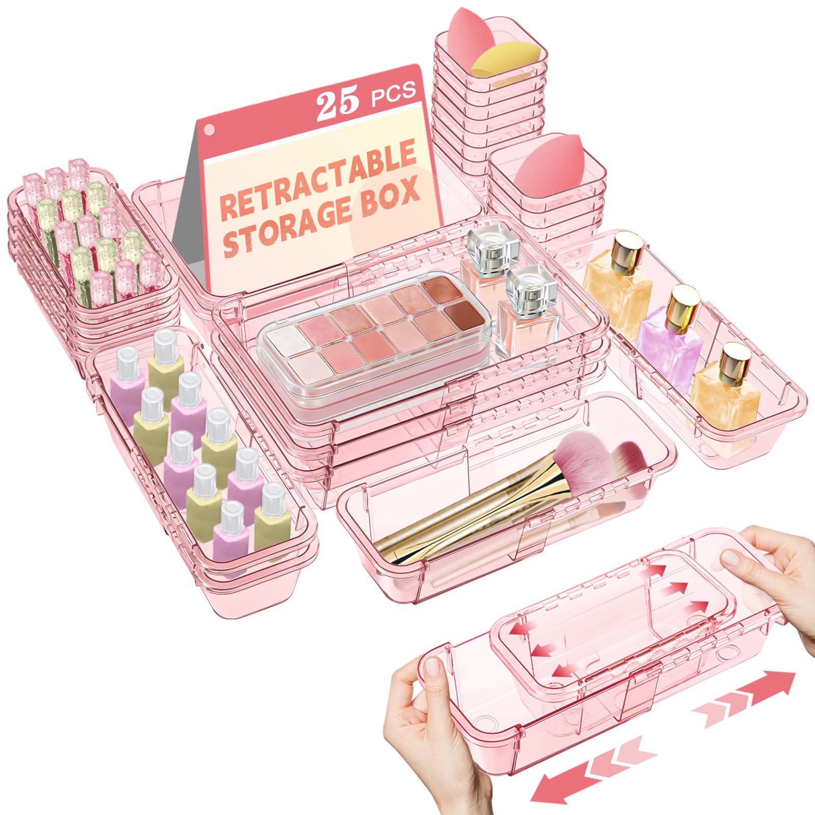 25 Pcs Clear Drawer Organizer, Adjustable Drawer Storage Box, 3-Size Desk Drawer Organizer, Acrylic