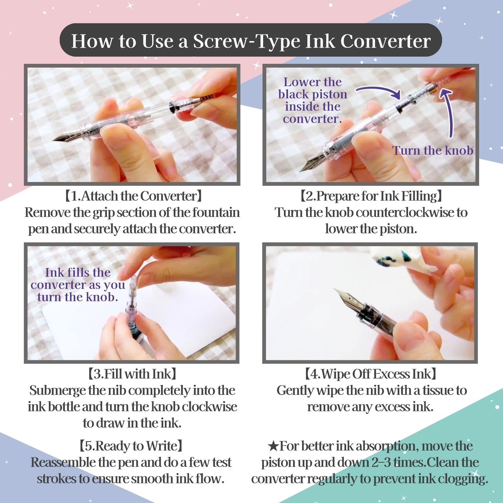 Someie Fountain Pen Set CON-40 Converter & Kakuno Fine Nib with Black Ink Cartridge & Sticky Notes