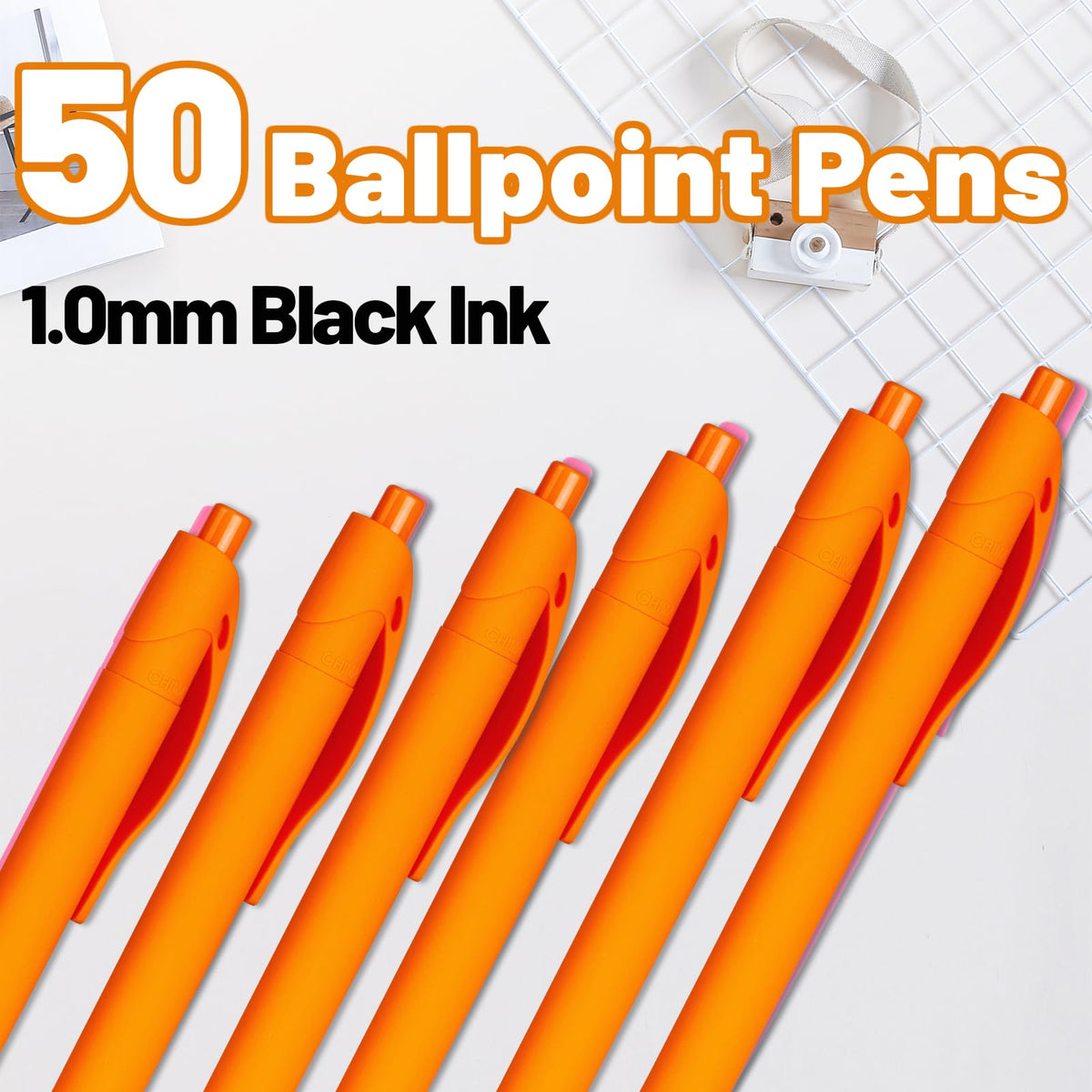 Wiaziert BallPoint Pens, 50 Pack (BLACK Ink),Bulk Pens, Orange Barrel, Click Pens for Office Home