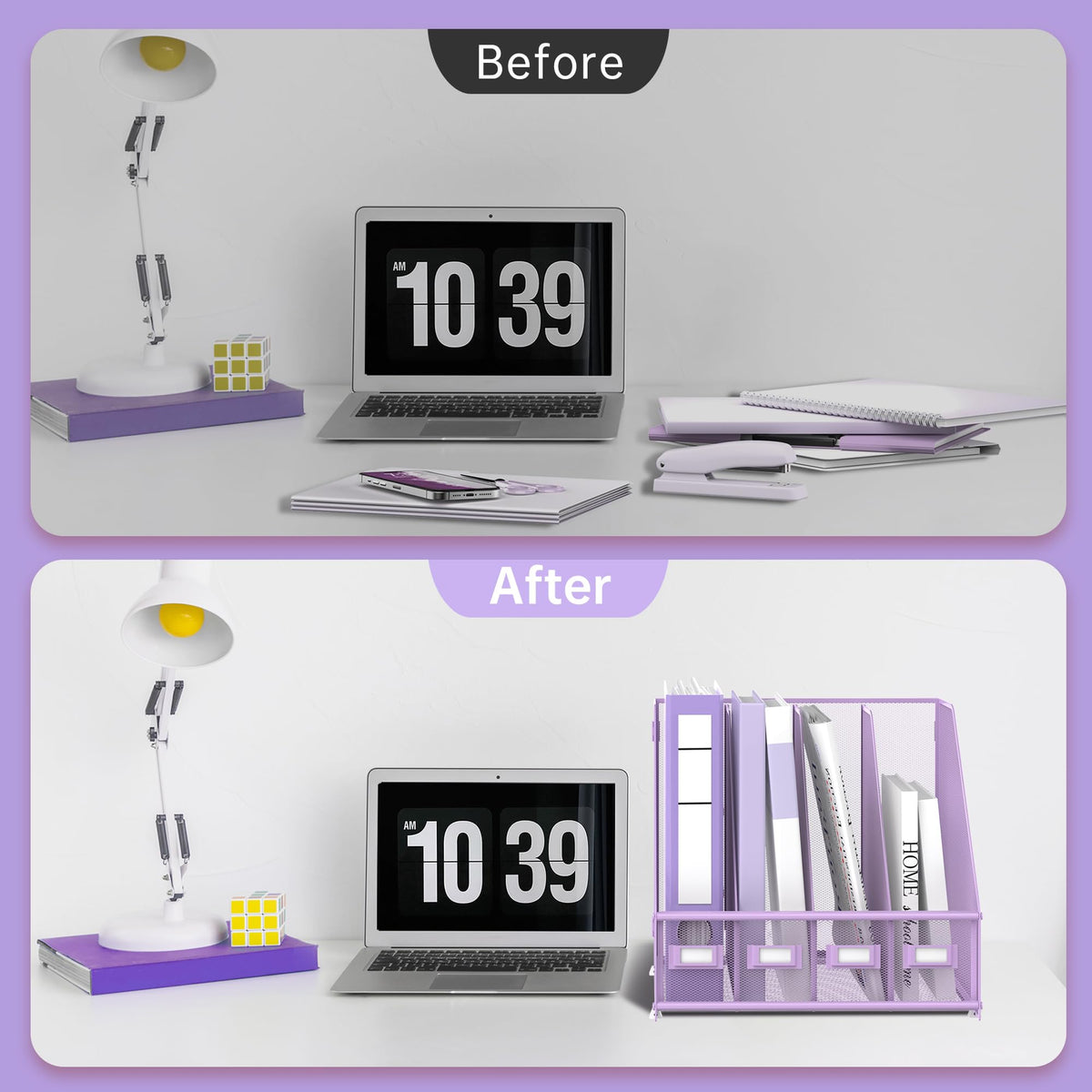 4-Compartment Magazine File Holder and File Organizer for Desk, Purple