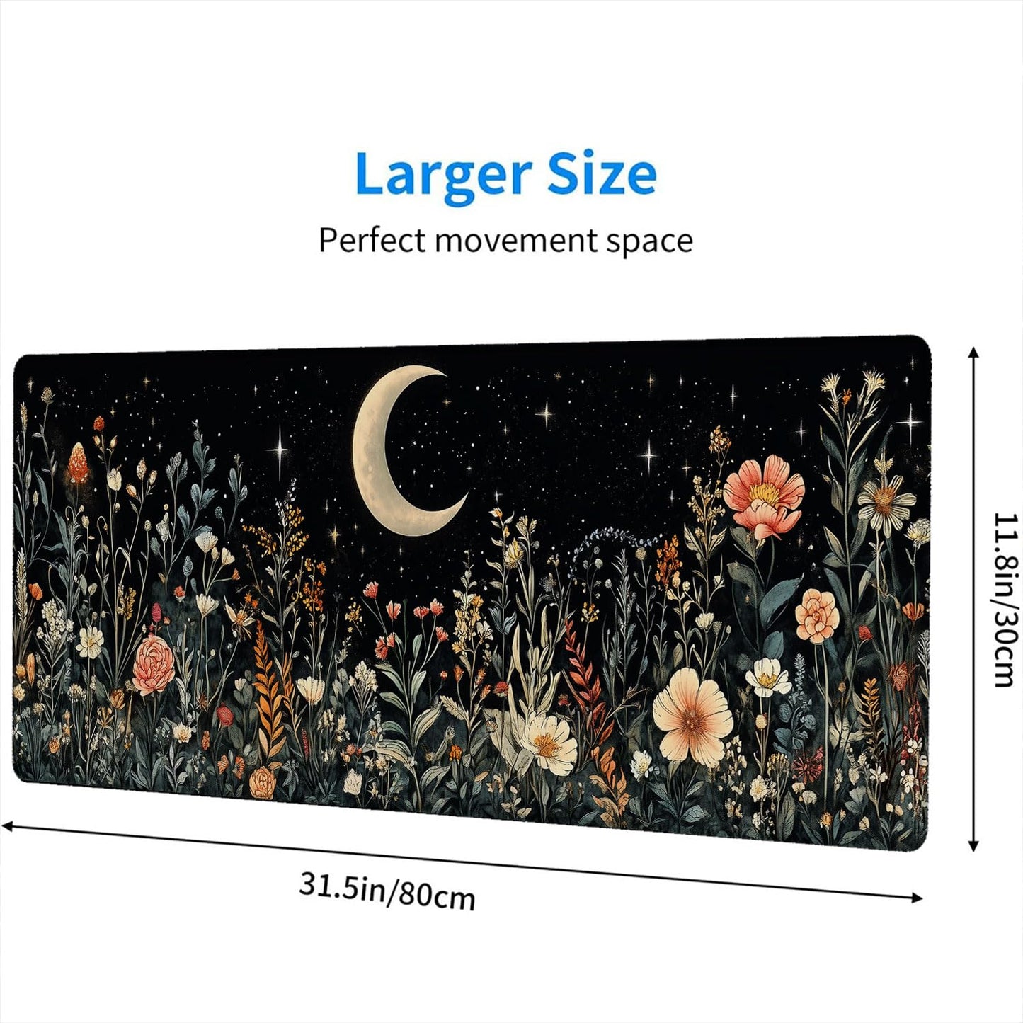 Cute Mystical Plants Desk Pad Whimsical Moon Stars Extended Gaming Mouse Mat with Stitched Edge