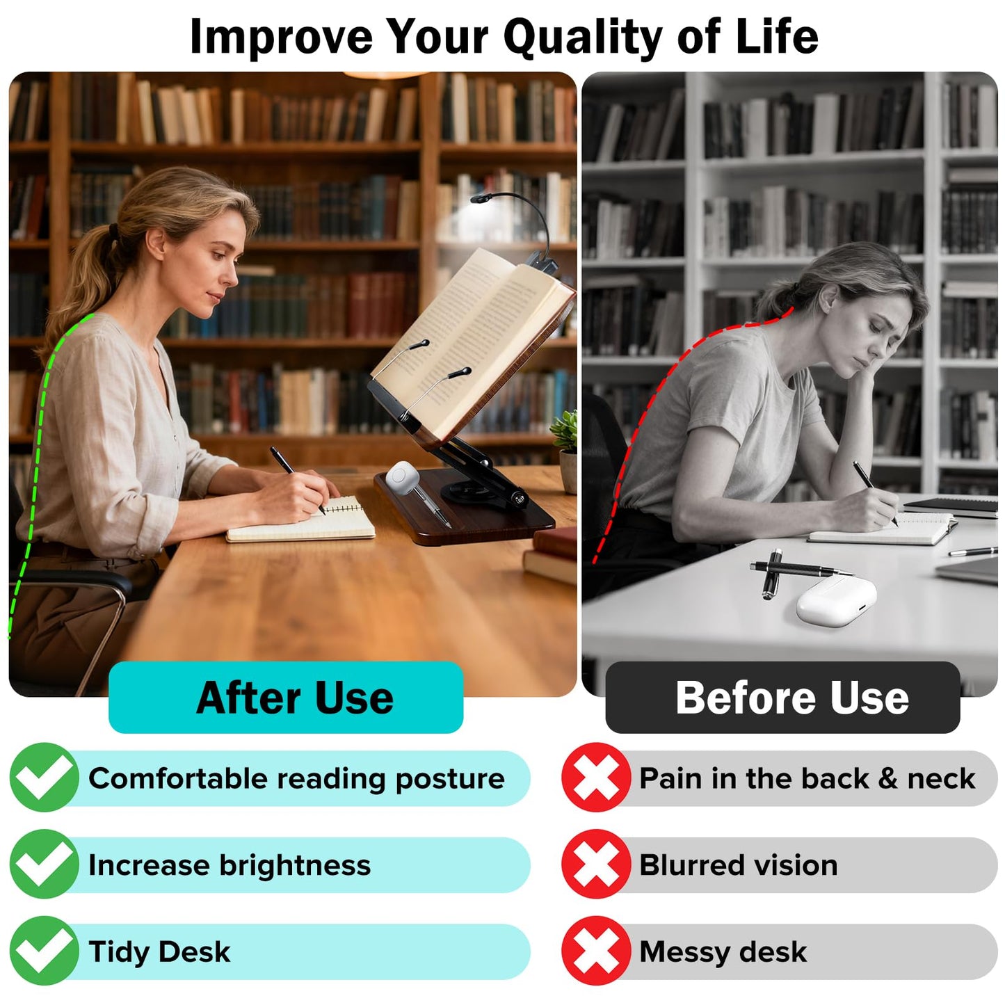 UikJOY Book Stand with Light & Storage, Book Holders for Reading Hands Free