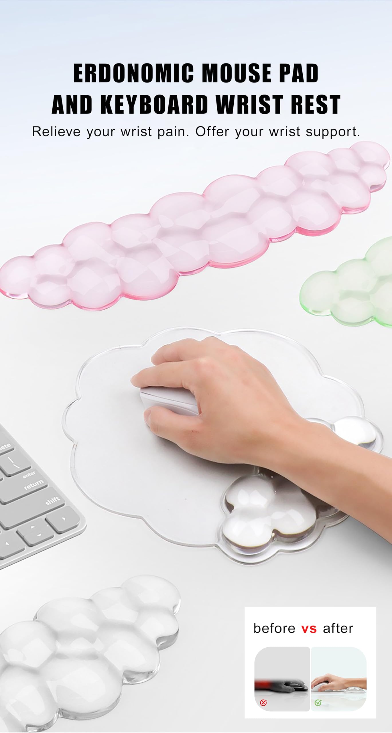 Aszqvd Mouse Pad with Wrist Rest, Soft Cloud Gel Keyboard Mouse Pad Set with Hand Wrist Support
