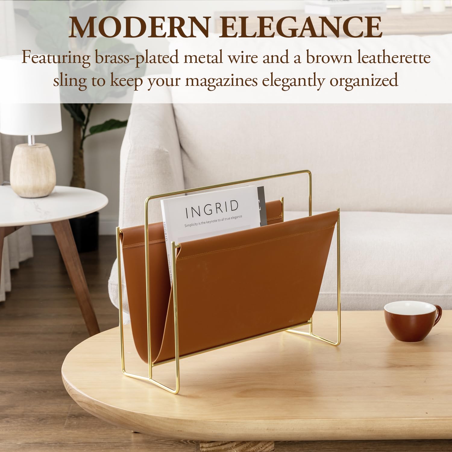MyGift 15-Inch Magazine Holder Brown Leatherette Sling & Brass Plated Metal
