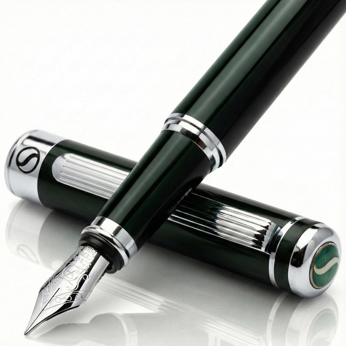 Scriveiner Black Green Fountain Pen - Stunning Luxury Pen with Chrome Finish, Schmidt Nib (Fine)