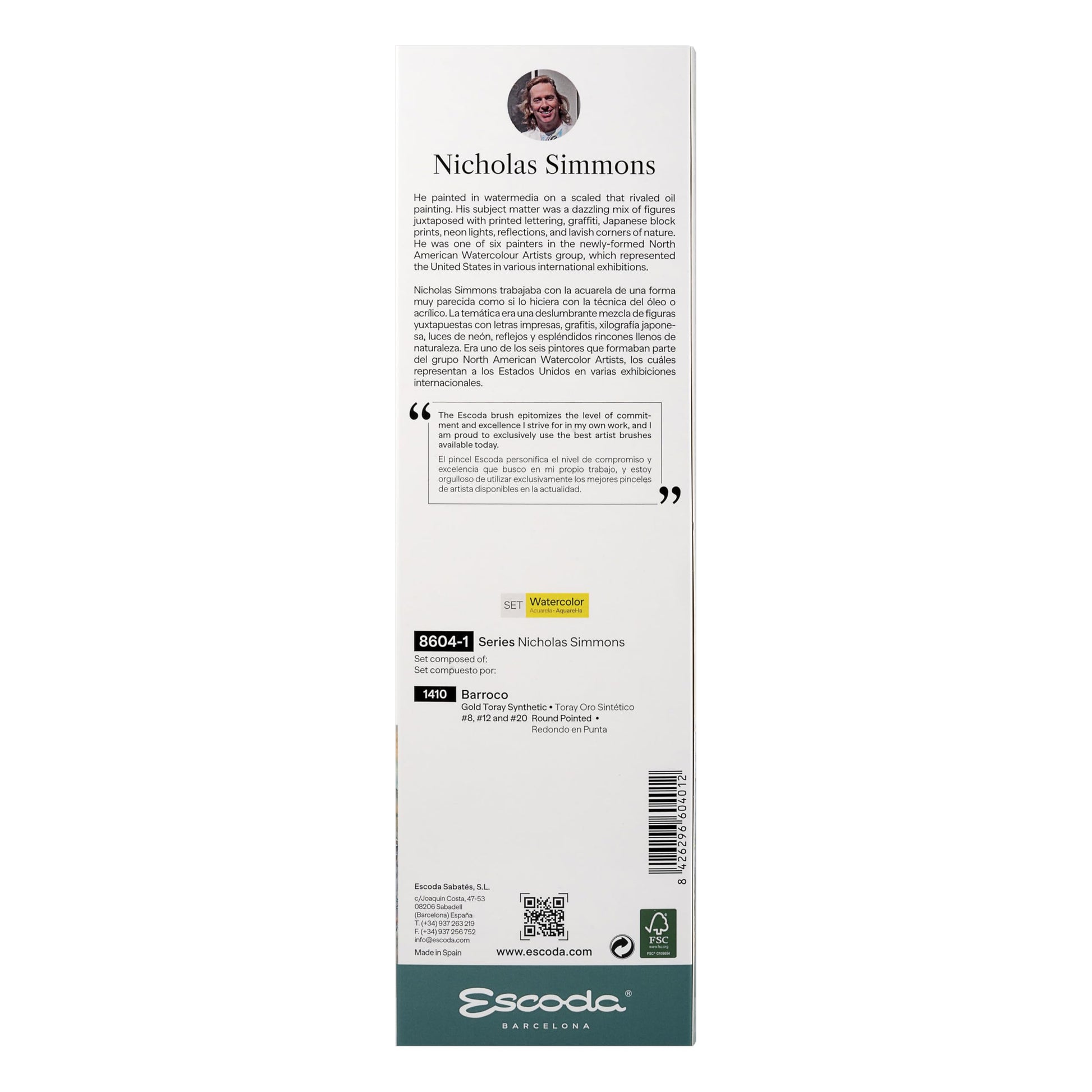 Escoda Signature Series Artist Watercolor Brush Set, Nicholas Simmons Set #1, Barroco Synthetic