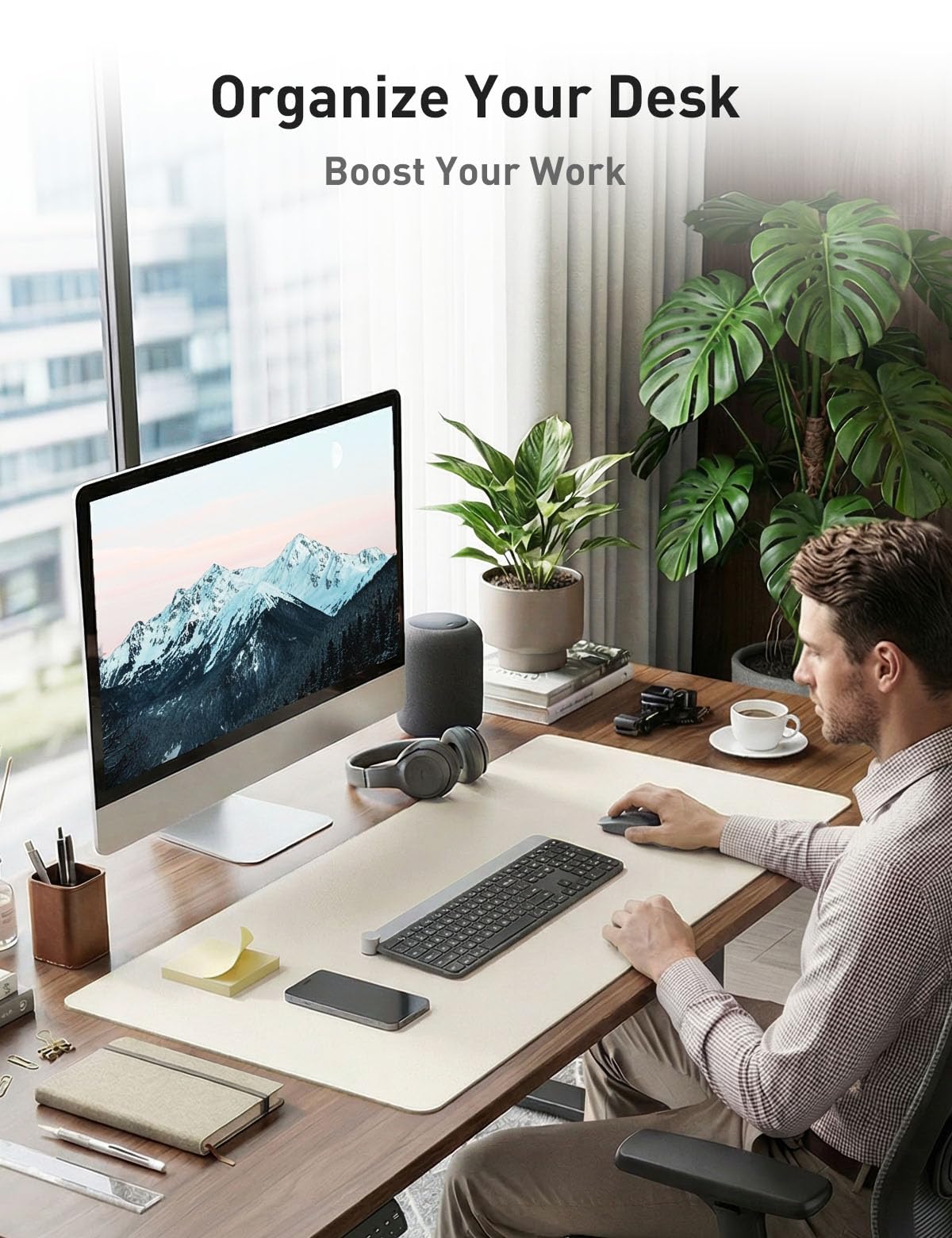 Aothia Faux Leather Desk Mat - Non-Slip PU Leather Desk Blotter, Waterproof Writing Surface, Large