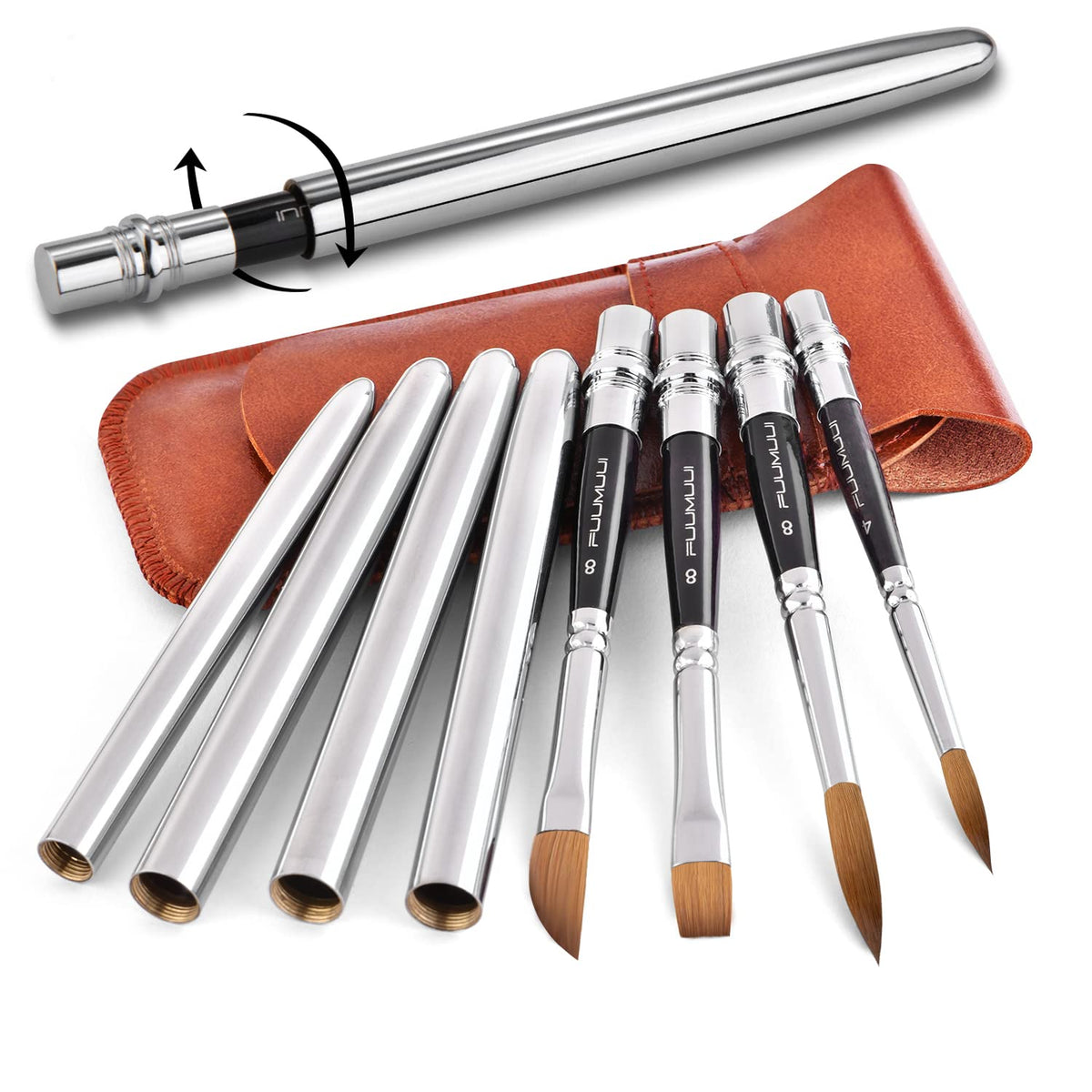 Sable Travel Watercolor Brushes, Fuumuui 4pcs Kolinsky Sable Watercolor Travel Brushes with Leather