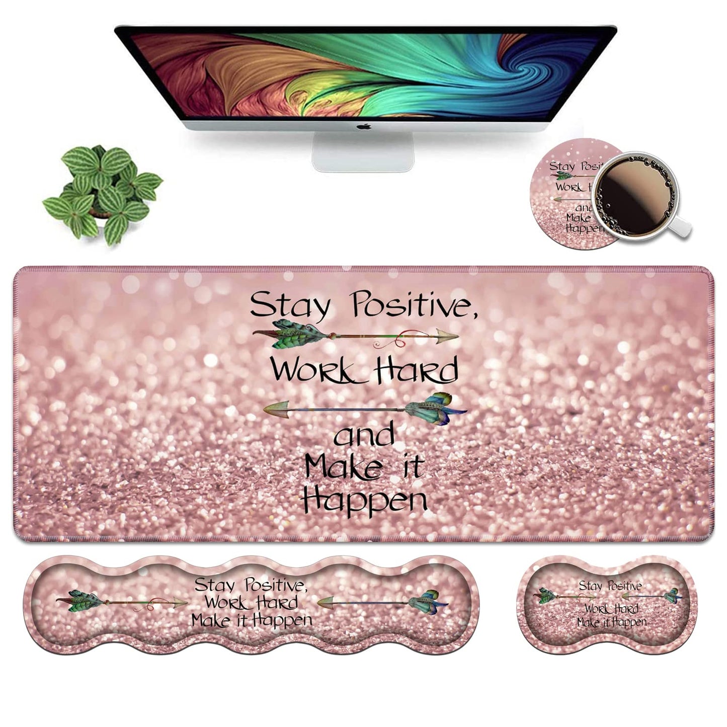 Ergonomic Keyboard Wrist Rest & Mouse Pad Wrist Rest Set, Inspirational Quote Stay Positive Work