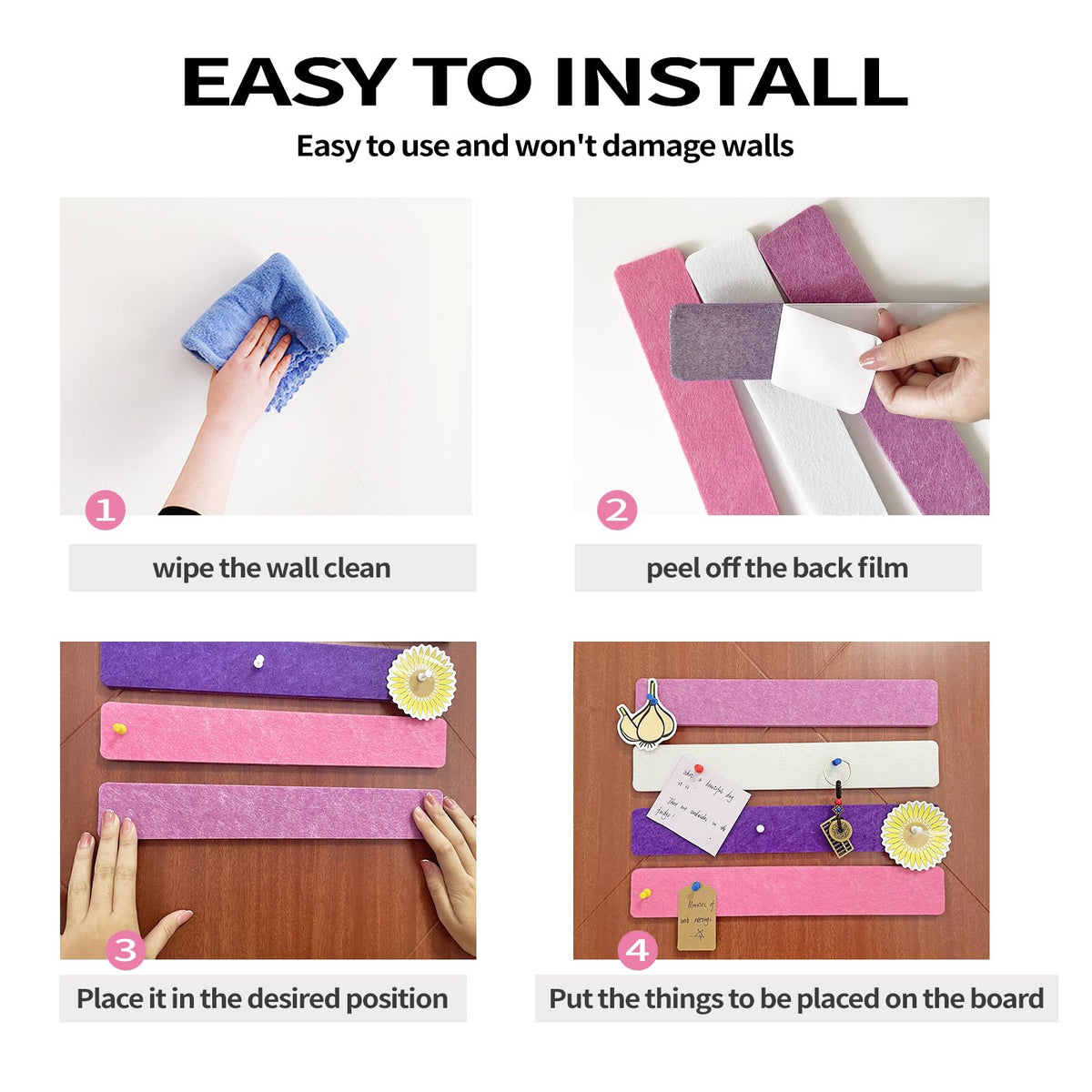 8 Pcs Purple Pink White Felt Pin Board Bar Strips Bulletin Board ，Self-Adhesive Bulletin Board Bar