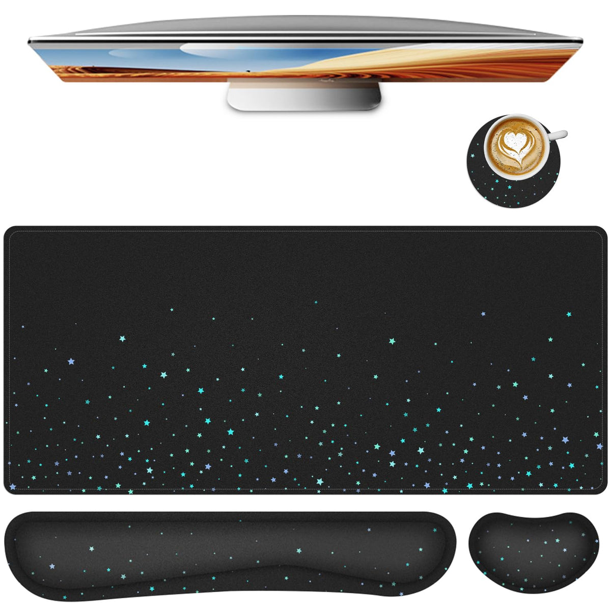 Desk Mat for Keyboard and Mouse,4in1 XXL Mousepad + Keyboard Wrist Rest+Mouse Wrist Rest+Coaster