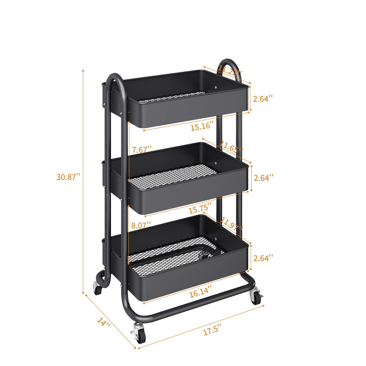 MIOCASA 3-Tier Metal Utility Rolling Cart, Heavy Duty Multifunction Cart with Lockable Casters