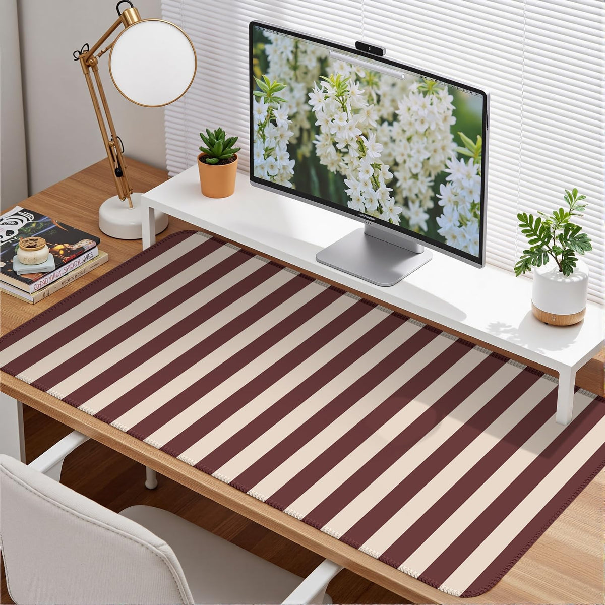 Maroon Beige Striped Desk Mat Cute Pastel XXL Large Gaming Mouse Pad Desk Pad Kawaii Cozy Aesthetic