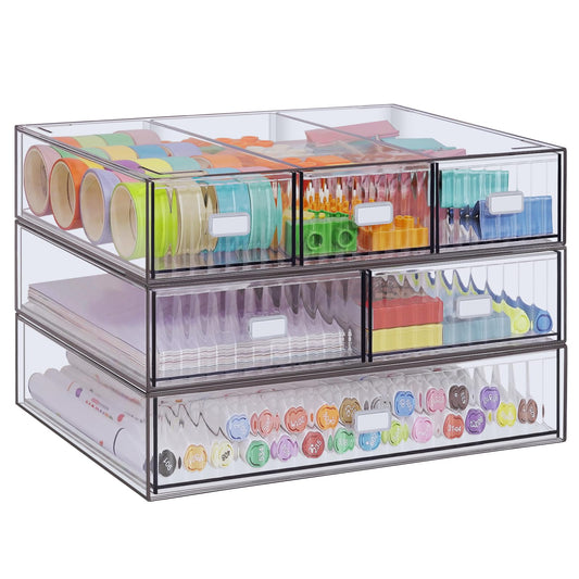 3 Tier Stackable Desk Organizer with 6 Drawers, YOCOMEY Plastic Desktop Storage Box Drawers